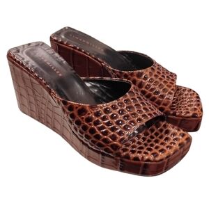 SIMON MILLER | Brown Croc-Embossed Leather Platform Wedge Slides EU 37 US 7